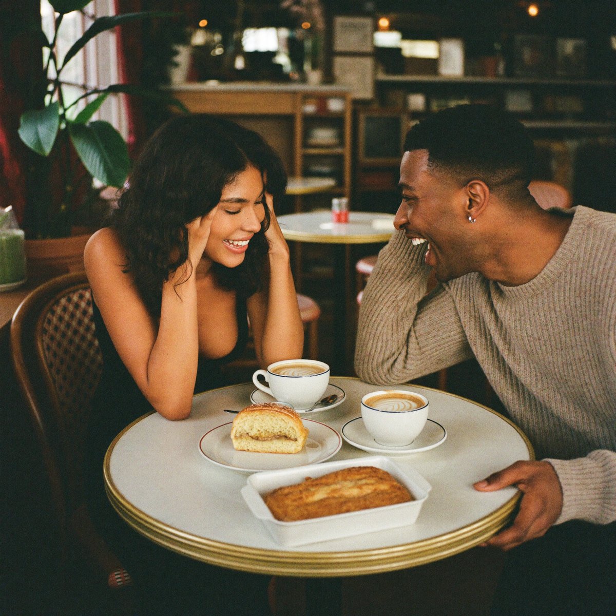 Couple laughing on a coffee date